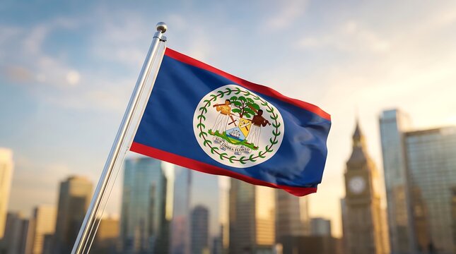 National flag of Belize waving on metal pole against London cityscape and sunset sky background