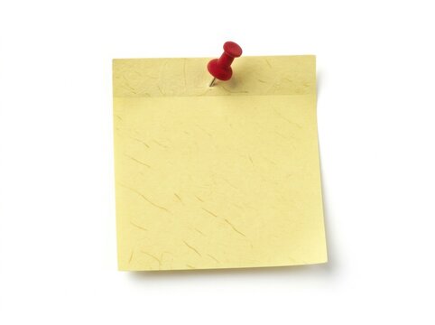 Yellow sticky note paper attached with a red push pin