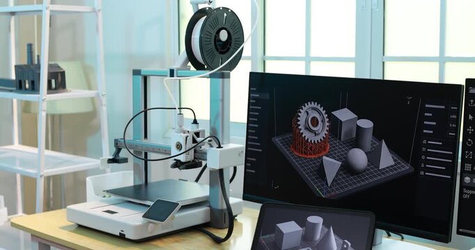 Modern 3d printer in a bright office with a computer screen a design model for prototyping and manufacturing.