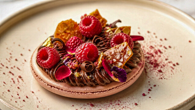 Ultra-realistic luxury pastry photography featuring an open-faced raspberry chocolate macaron composition rather than a stacked dessert, a single oversized blush-toned macaron shell resting on handcra