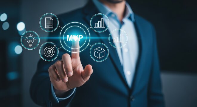 Businessman touching MVP Minimum Viable Product virtual interface for startup business strategy and product development.