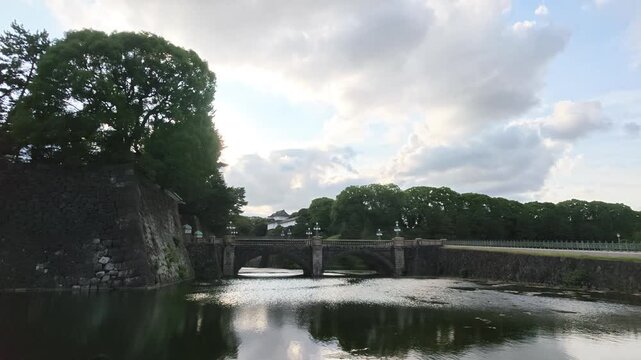 Imperial Palace moat and stone wall in Tokyo Japan