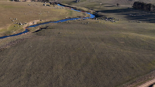 Aerial View of a Winding River Through Rural Pastures in Uralla