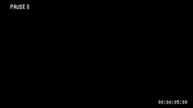 Pausing VHS video tape screen overlay with timestamp on black background 