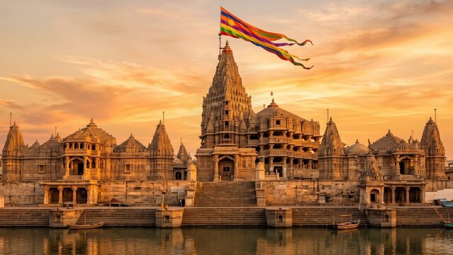 Dwarkadhish Temple Dwarka Golden Hour &ndash; Iconic Coastal Hindu Temple