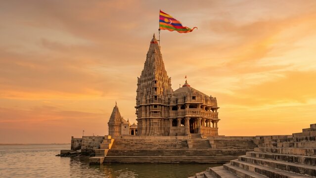 Dwarkadhish Temple Dwarka Golden Hour &ndash; Iconic Coastal Hindu Temple