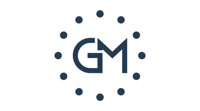 Modern GM letter monogram logo surrounded by evenly spaced circular dots, creating a clean and balanced identity mark. Ideal for technology, consulting, digital agencies, fintech, and innovative busin