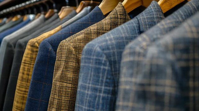 selective focus wardrobe with different blazers hanging on hangers inside a closet with organized fashion clothing
