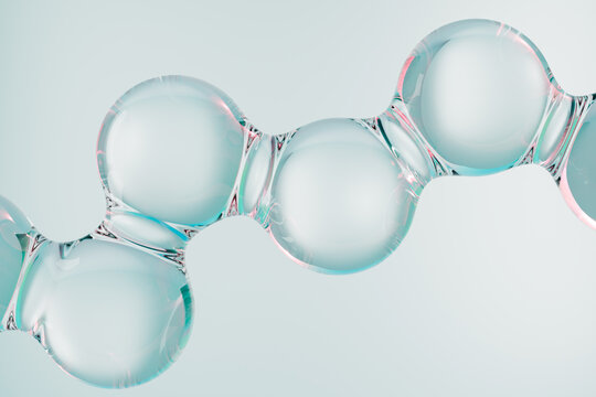Abstract transparent molecular structure with glossy glass spheres on a clean background. Futuristic skincare, collagen, hyaluronic acid and cosmetic serum concept, 3D render with copy space.	
