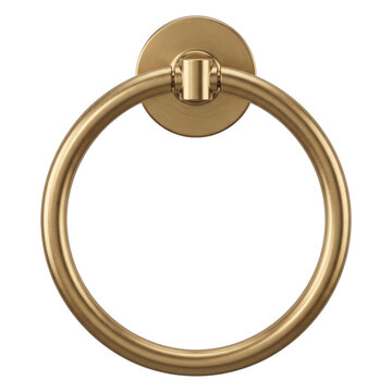 Modern brushed brass circular towel holder wall mounted fixture for minimalist bathroom interior design accessory on transparent  background