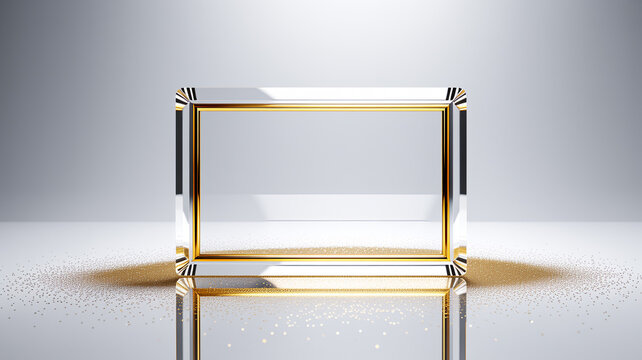 Framed transparent cube with golden reflective border on glossy surface