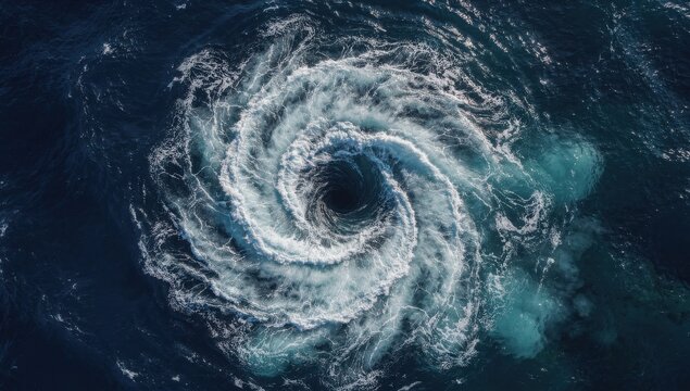 Ocean whirlpool creates a powerful swirling vortex of churning dark water and white foam in deep blue sea currents.