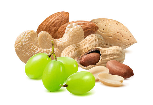 Green grapes, cashew, almond and peanut nut mix isolated on white background