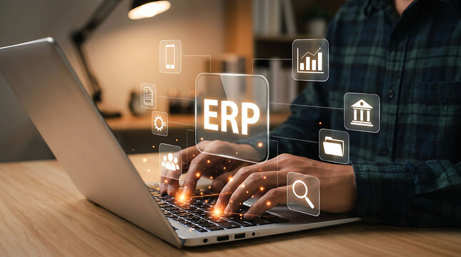Businessman using laptop computer with enterprise resource planning erp