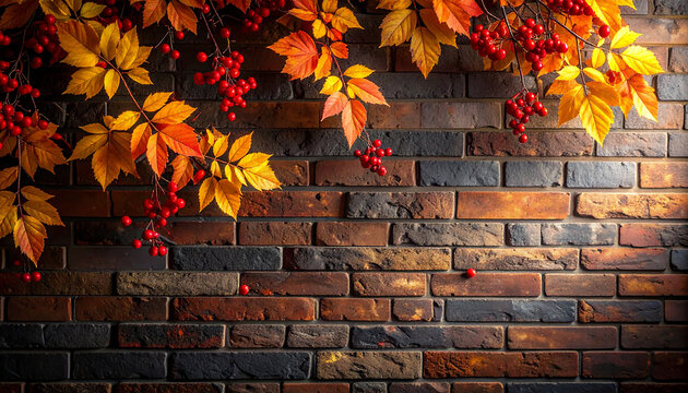Dark brick wall branches yellow leaves red berries autumn sunlight shadows aesthetic minimalism rustic decor nature seasonal background