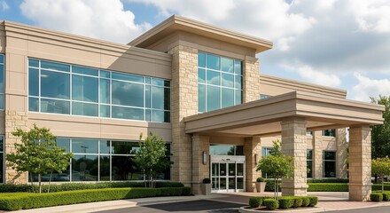 Fototapeta premium Modern beige stone commercial building exterior on sunny day