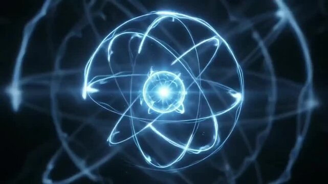 Glowing Atomic Energy Model with Orbiting Electrons and Quantum Physics Visualization on Dark Background