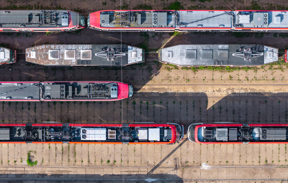 Aerial view of trains parked at the Nowy Port depot in Gdansk, Pomeranian Voivodeship, Poland.