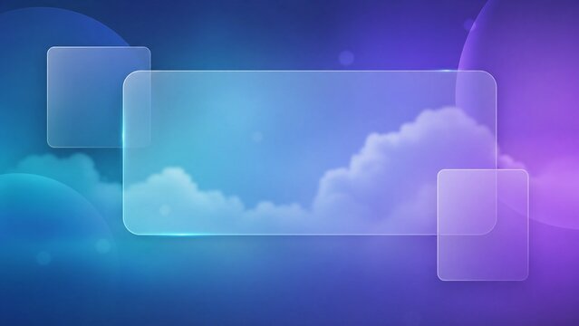 Glassmorphism frosted glass frames on blue sky background, transparent glass panels with clouds, modern UI design elements