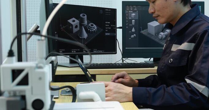 Engineer working at a computer with 3d design models on dual monitors in a modern technical workspace
