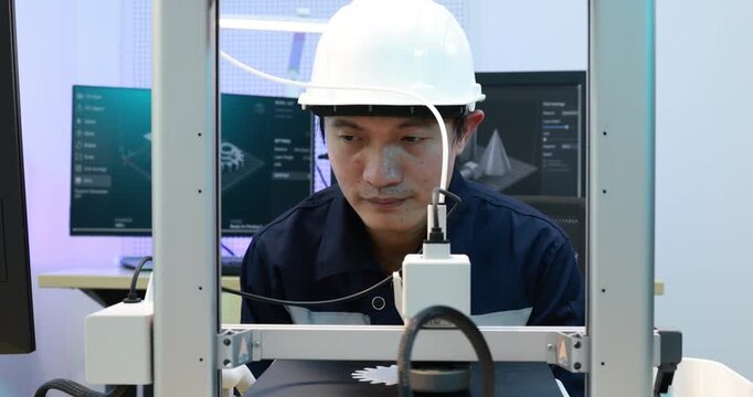 Engineer in a white hard hat checking a 3d printer in a modern lab with computer screens in the background.