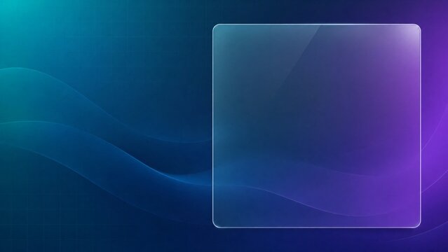 Glassmorphism square frame on blue and purple gradient background. Frosted glass panel with soft shadows. Abstract tech backdrop.