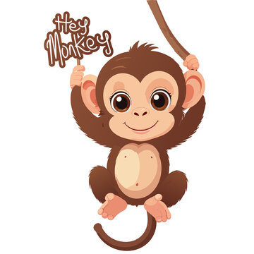 Cute baby monkey character hanging on a vine vector illustration with playful handwriting text isolated on white background