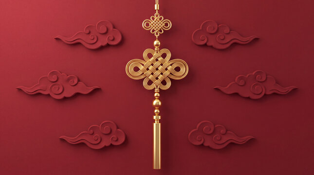 Elegant 3D illustration featuring a traditional gold Chinese knot ornament and auspicious clouds against a festive red background, perfect for Lunar New Year and cultural celebrations.
