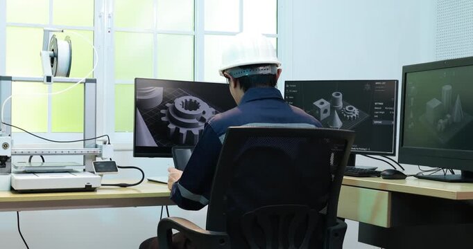 Engineer in a hard hat working at a desk with multiple monitors 3d machine designs in a modern office
