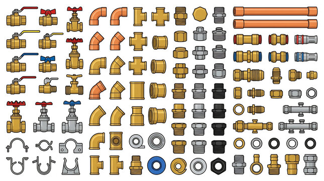Collection of Various Plumbing Pipe Fittings and Connectors in Pixel Art Style
