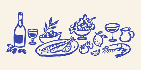 Obraz premium Mediterranean Food and Wine Doodle Set