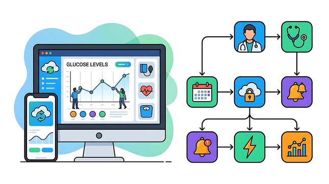 Digital health monitoring dashboard with glucose tracking charts and medical workflow process icons on computer screen