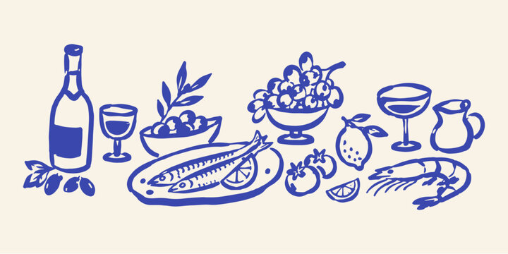 Mediterranean Food and Wine Doodle Set