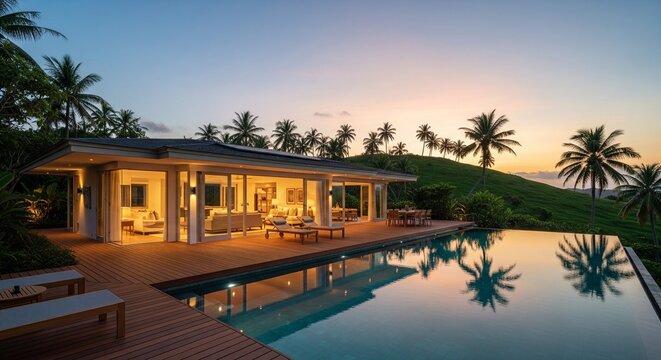 Tropical beachfront luxury house with swimming pool, wooden deck, warm lighting, and palm trees at sunset