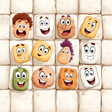 Cartoon tile face character smile pattern with playful expression on beige grid