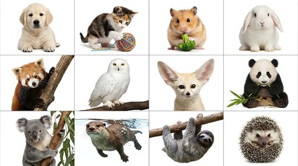 Fototapeta premium Collection of diverse wild and domestic animals isolated on white background for educational or design projects