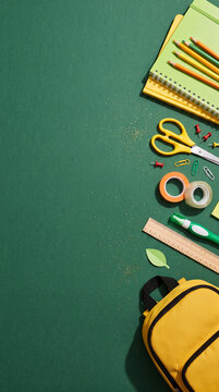 Flat lay composition with school supplies, notebooks, pencils, scissors, and a yellow backpack on a green background. Back to school concept.