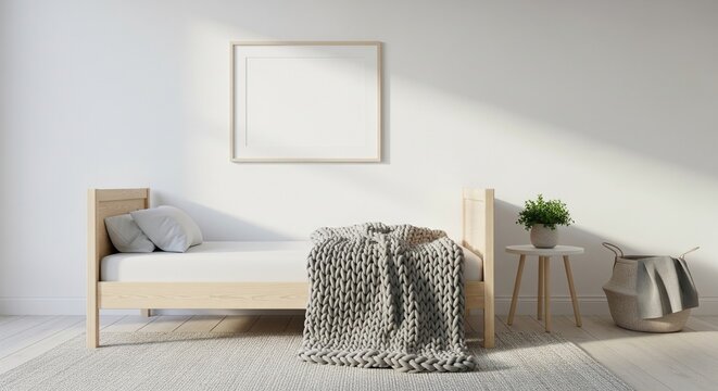 Cozy minimalist bedroom interior with a wooden bed frame, knitted blanket, white wall, and a square empty frame mockup