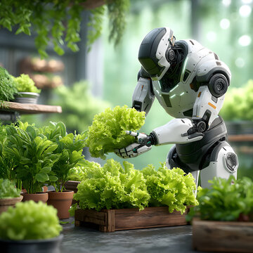 Futuristic robot tending to vibrant green lettuce modern greenhouse, showcasing technology