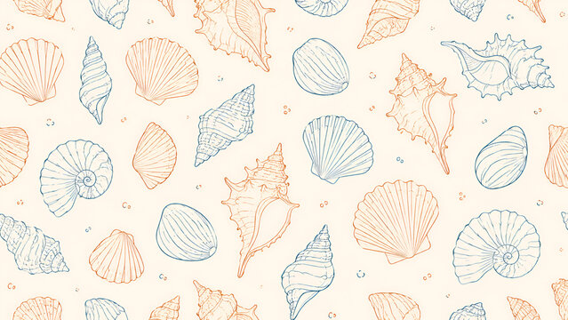Seamless nautical background pattern with hand drawn seashell line art illustration