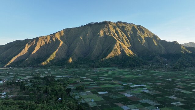 Aerial view of the Sembalun valley with its patchwork of agricultural fields and the majestic slopes of Mount Rinjani in Sembalun, West Nusa Tenggara, Indonesia.