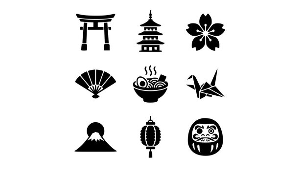 Japanese traditional culture solid glyph icons vector set with minimalist UI web design elements including torii gate sakura flower folding fan and mount fuji symbols