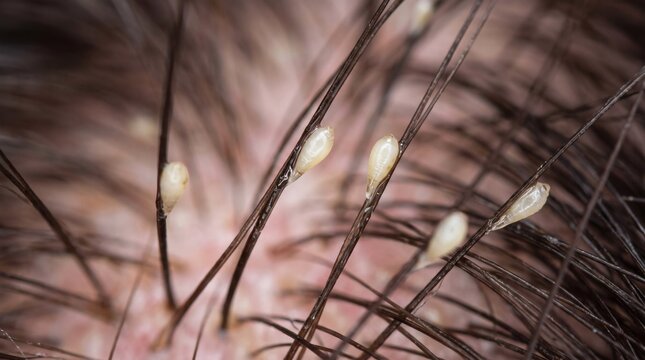 Close-up macro view of nits or lice eggs attached to human hair strands.