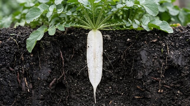 Professional cross section shot of white radish root growing in dark soil with green leaves