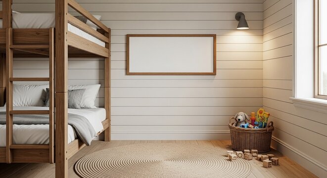 Bunk bed corner in children room with wooden wall paneling, reading light, and large horizontal frame mockup