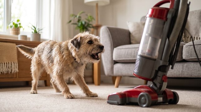 Aggressive dog barking at vacuum cleaner in living room, photorealistic pet lifestyle, beige gray and brown colors, humorous domestic scene