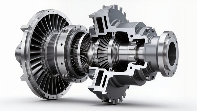 Turbojet rotor cutaway with staggered turbine blade array, white background