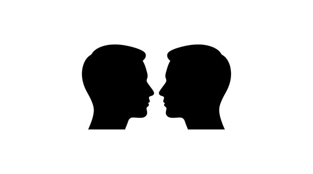 Silhouette of two men facing each other on a white background