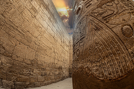 Aspects from the Karnak Temple complex, a mix of ancient egyptian temples and pylons near Luxor, Egypt. Construction began around 2000&ndash;1700 BCE up to 305&ndash;30 BCE. God is Amun-Ra. World Heritage Site.