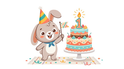 Fototapeta premium Adorable Cartoon Bunny Character Celebrating 1st Birthday Party with Sweet Cake